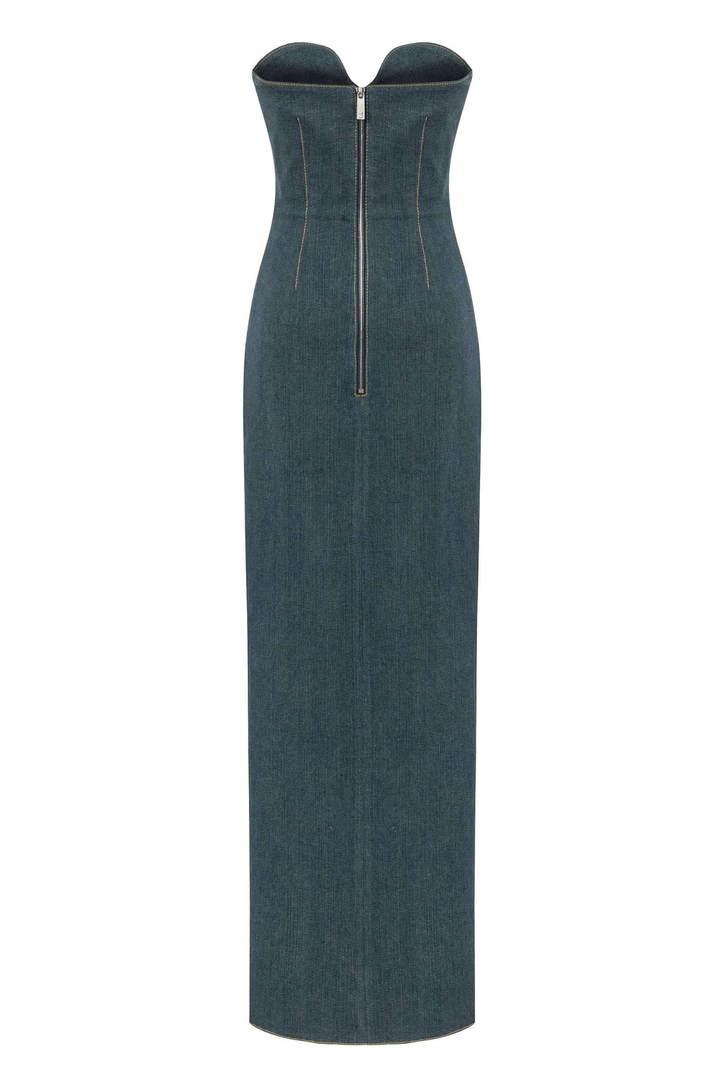 JENDUE Monte Strapless Denim Midi Dress - High Slit Style-2