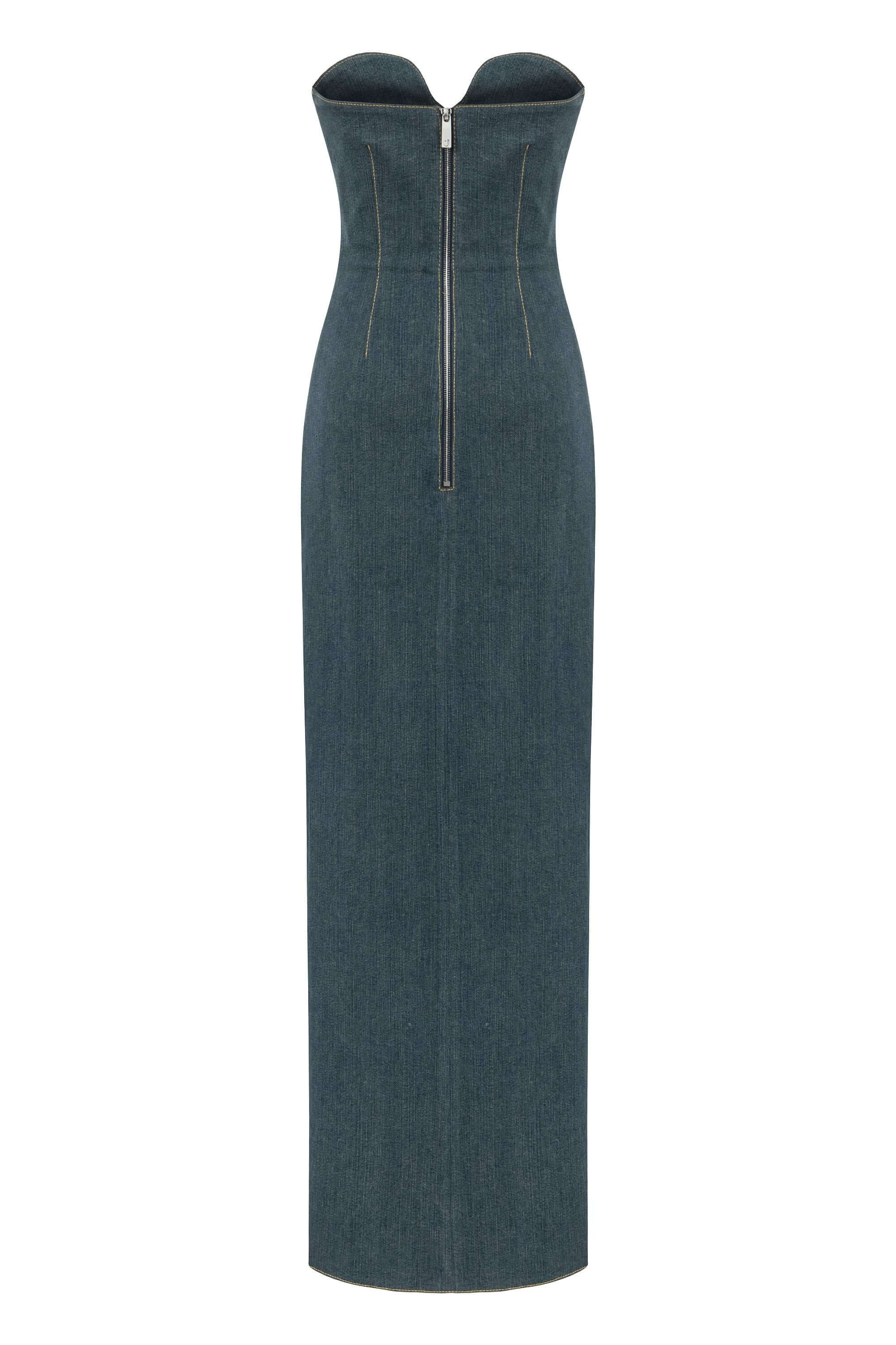 JENDUE Monte Strapless Denim Midi Dress - High Slit Style-2