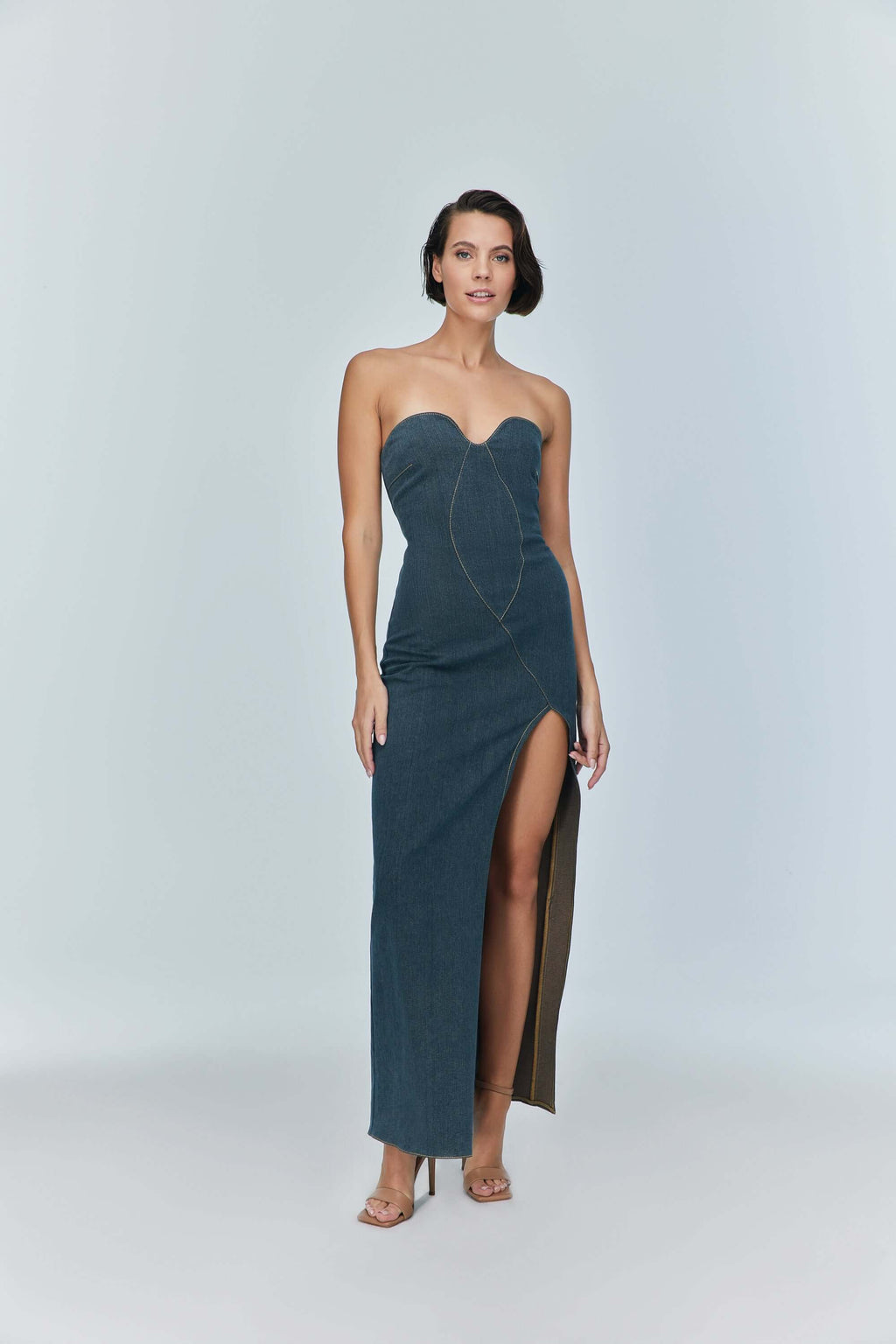 JENDUE Monte Strapless Denim Midi Dress - High Slit Style-0