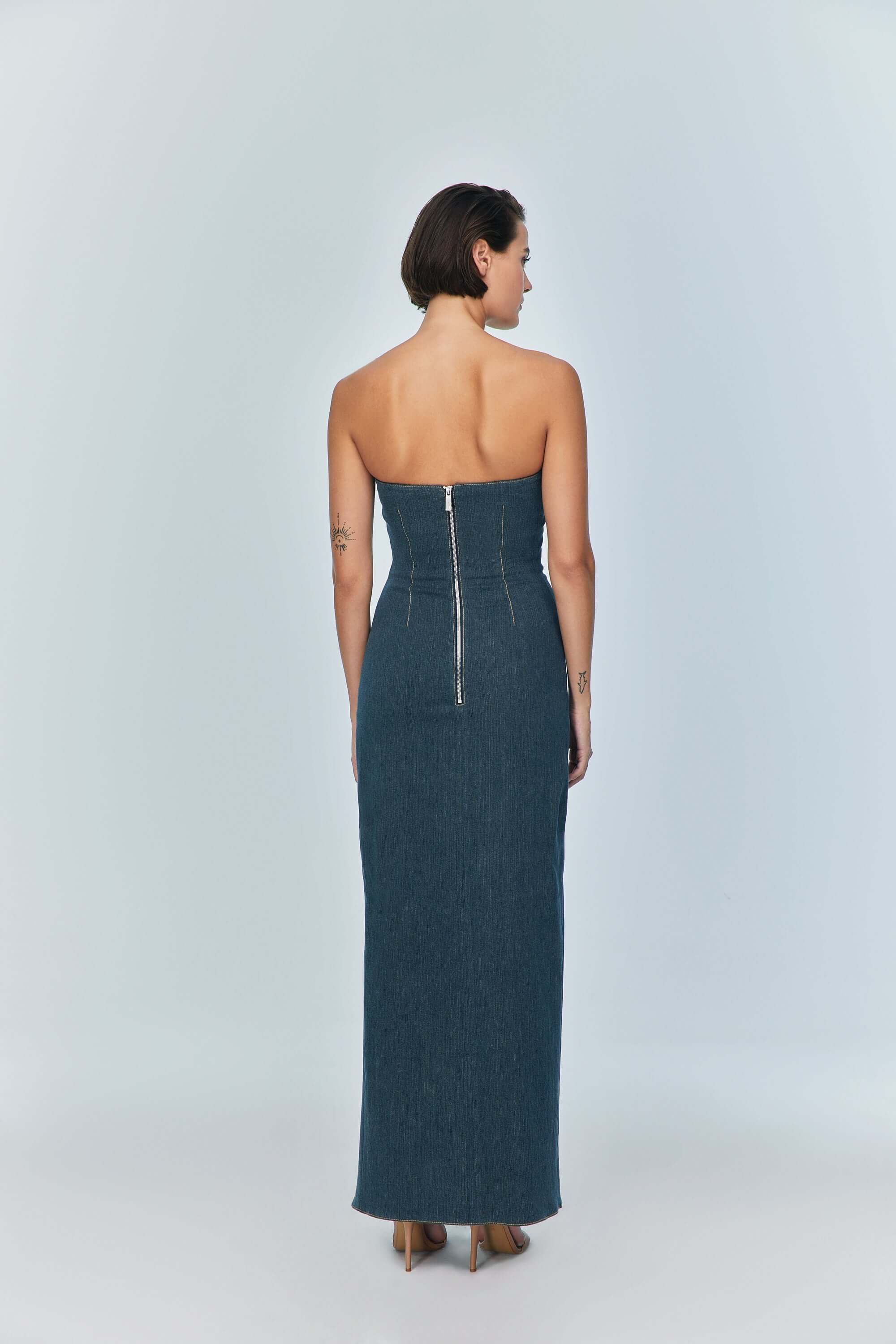 JENDUE Monte Strapless Denim Midi Dress - High Slit Style-4