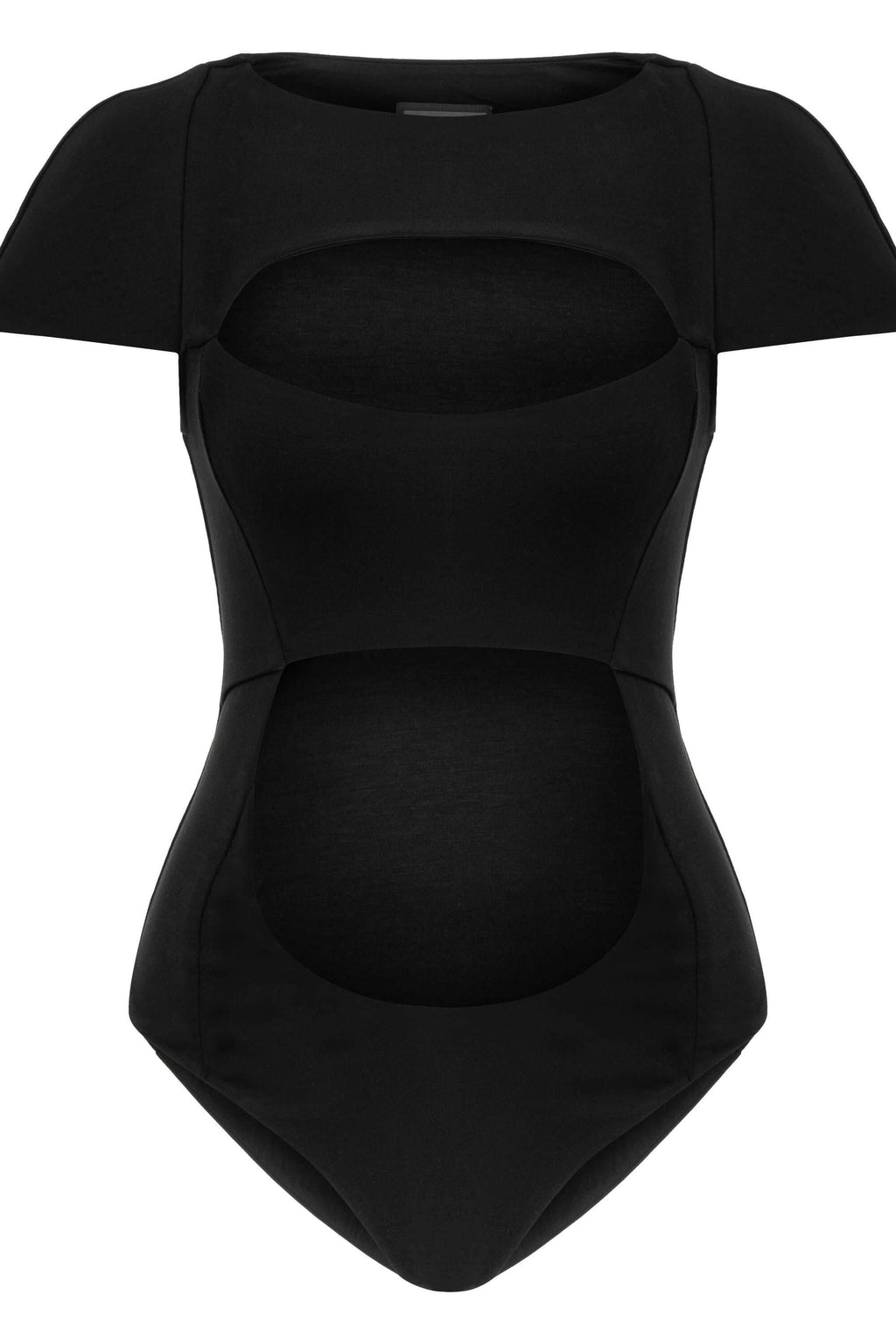 JENDUE Otara Black Bodysuit | Stylish Cut-Out Denim Top-1