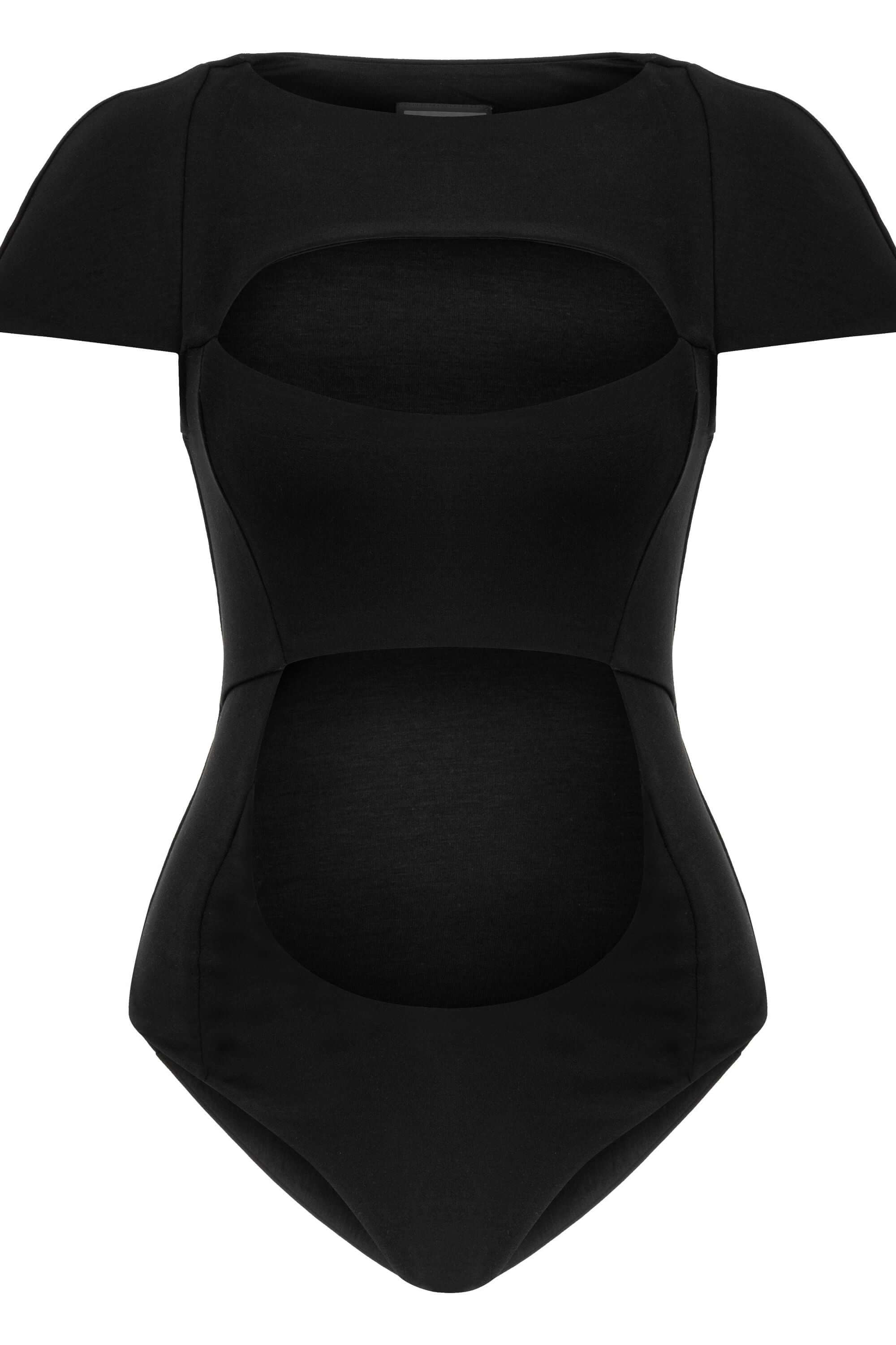 JENDUE Otara Black Bodysuit | Stylish Cut-Out Denim Top-1