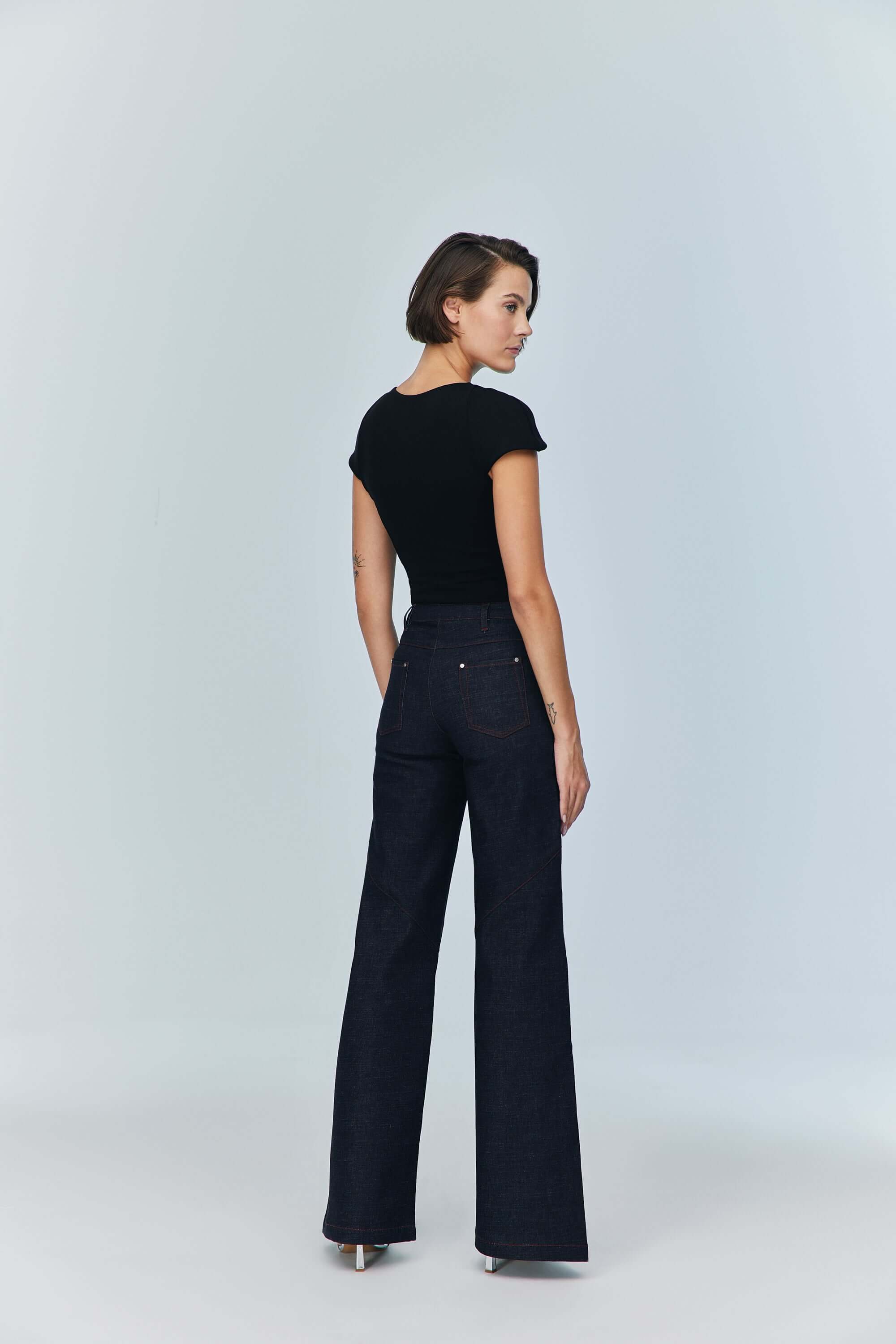 ELEVATE - JENDUE Otara Black Bodysuit | Stylish Cut-Out Denim Top