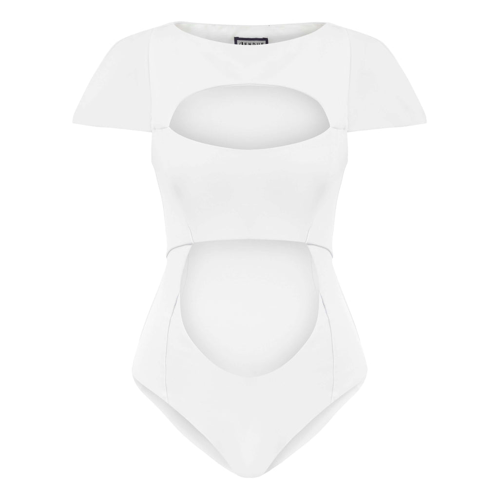ELEVATE - JENDUE Otara White Denim Bodysuit - Stylish Cut-Outs