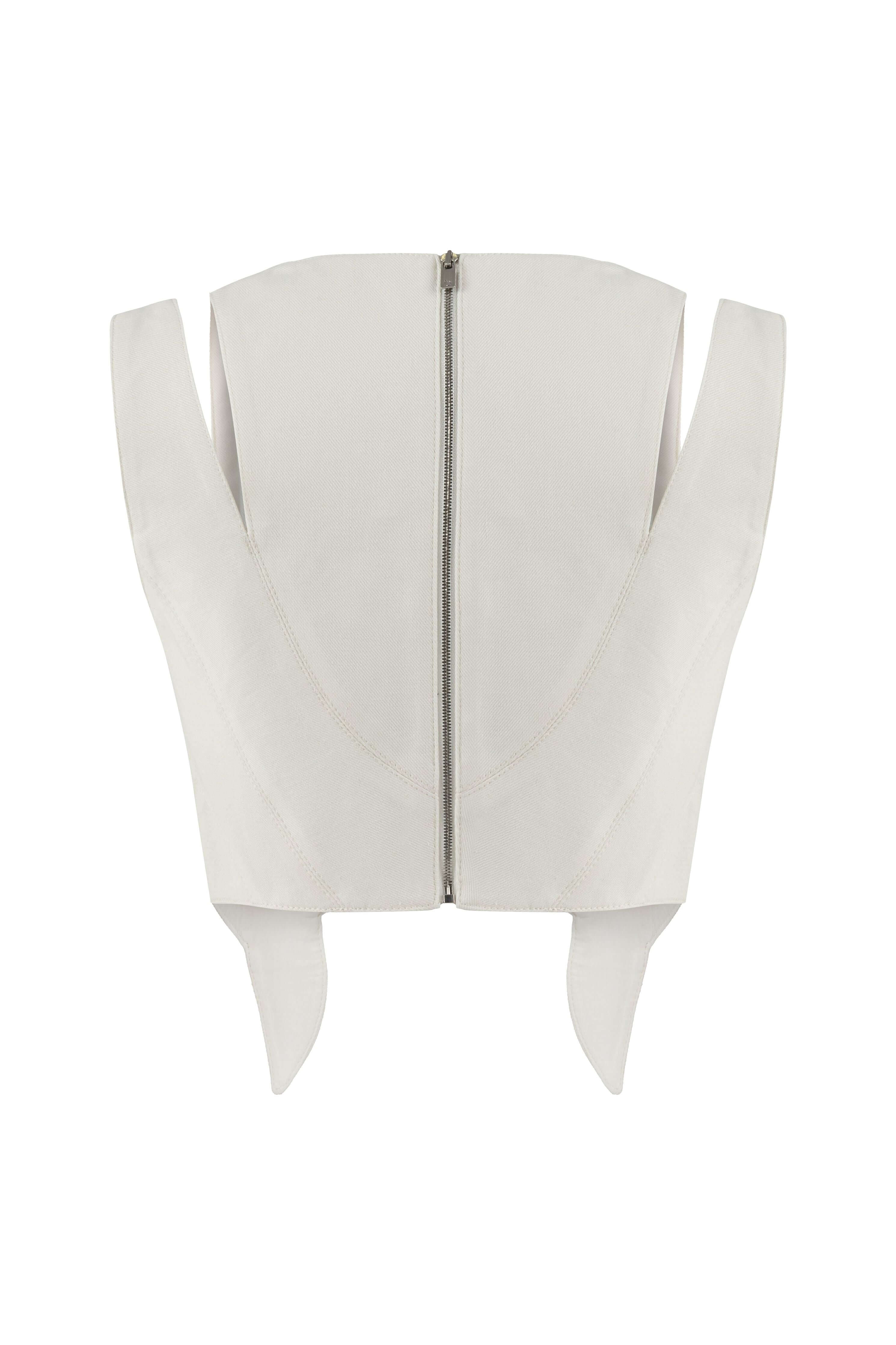 JENDUE Ron 3D Denim Crop Top - White, Sculptural, Back Zip-2