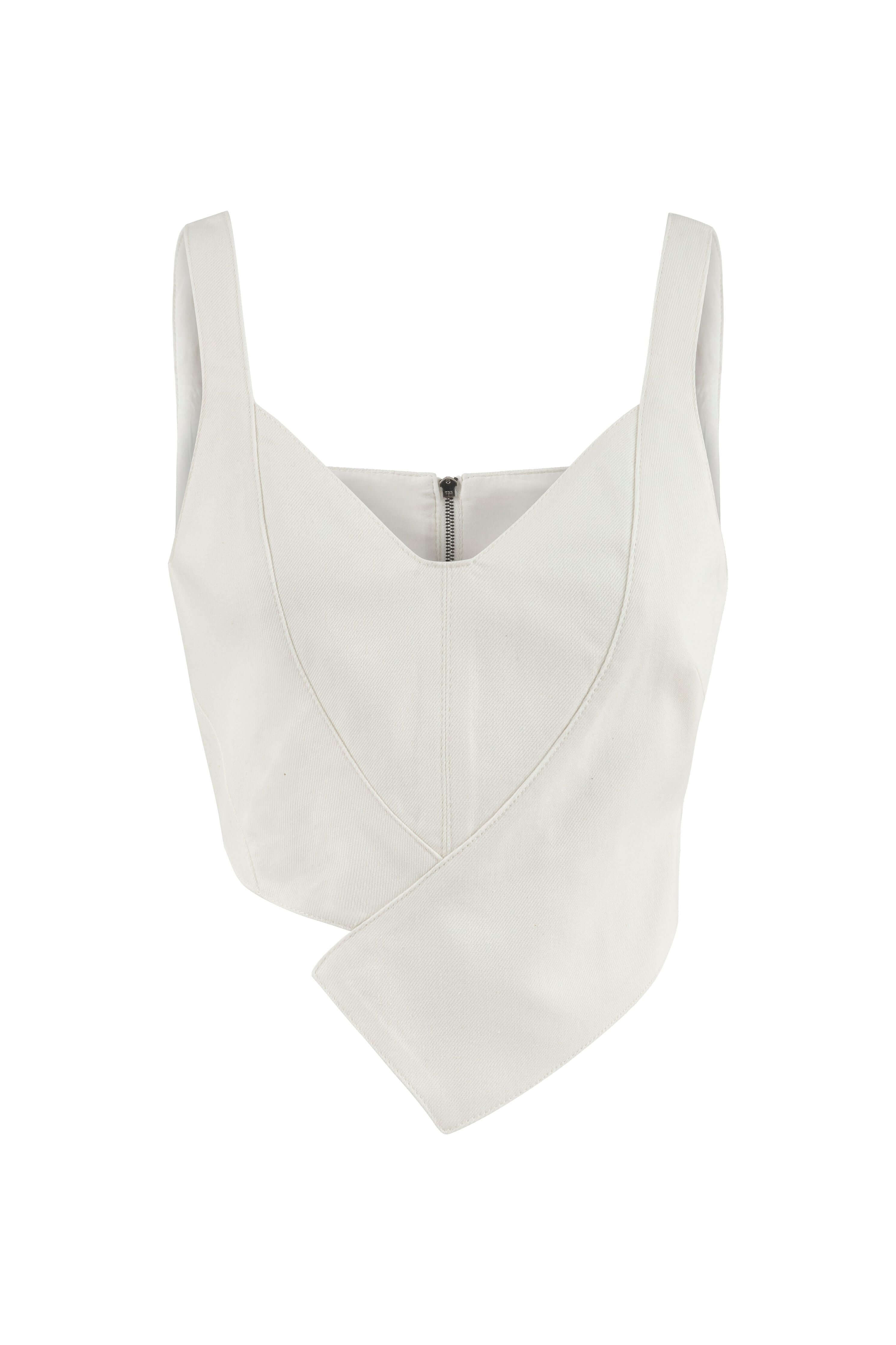 ELEVATE - JENDUE Ron Crop Denim Top - Stylish White Asymmetrical Top