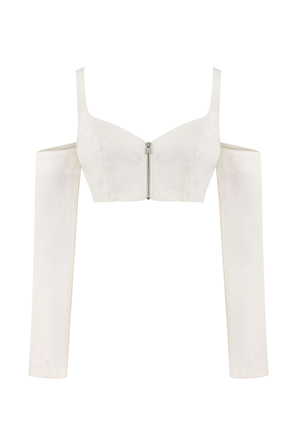 JENDUE Ron Long Sleeve Denim Top - White Off-Shoulder-1