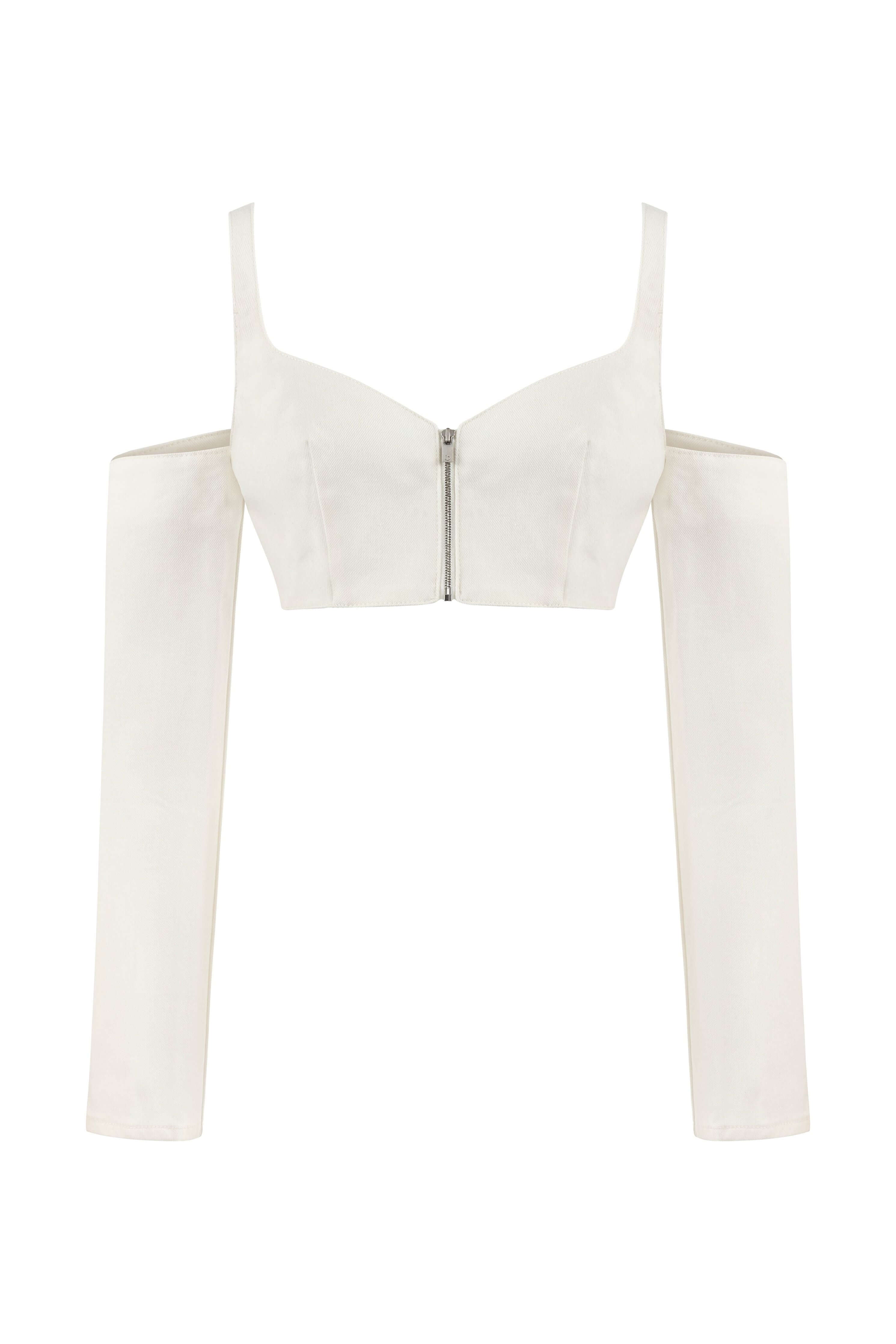 JENDUE Ron Long Sleeve Denim Top - White Off-Shoulder-1