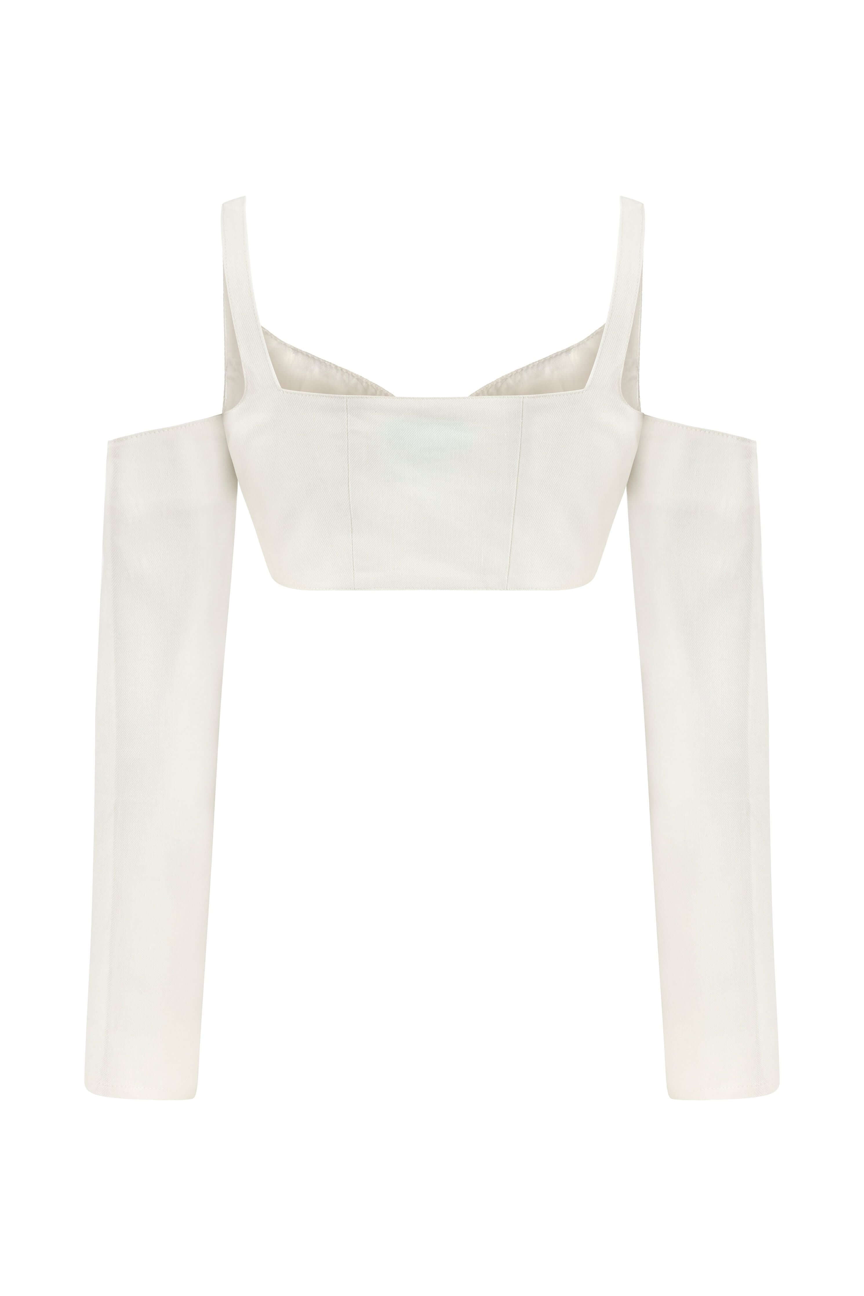 JENDUE Ron Long Sleeve Denim Top - White Off-Shoulder-2