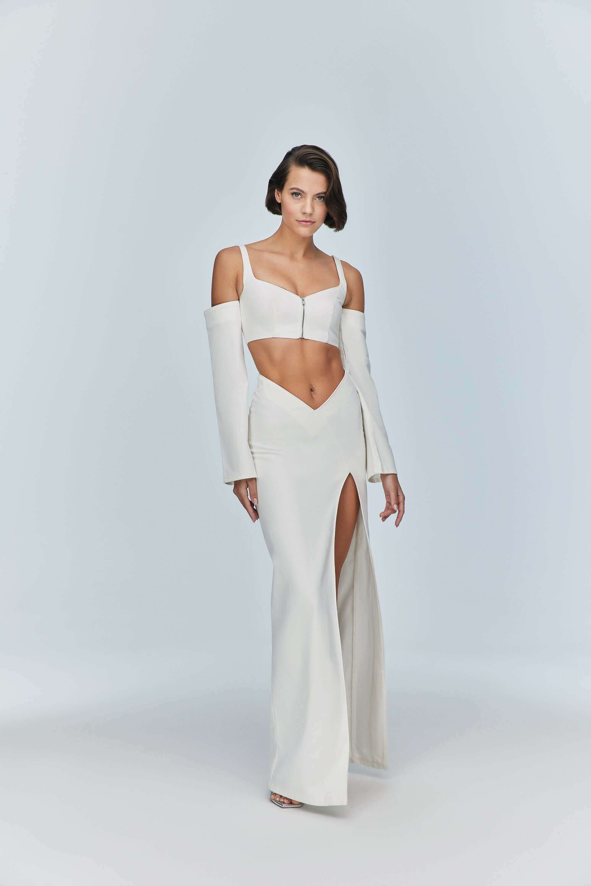 ELEVATE - JENDUE Ron Maxi Denim Skirt - High Slit White Denim Skirt