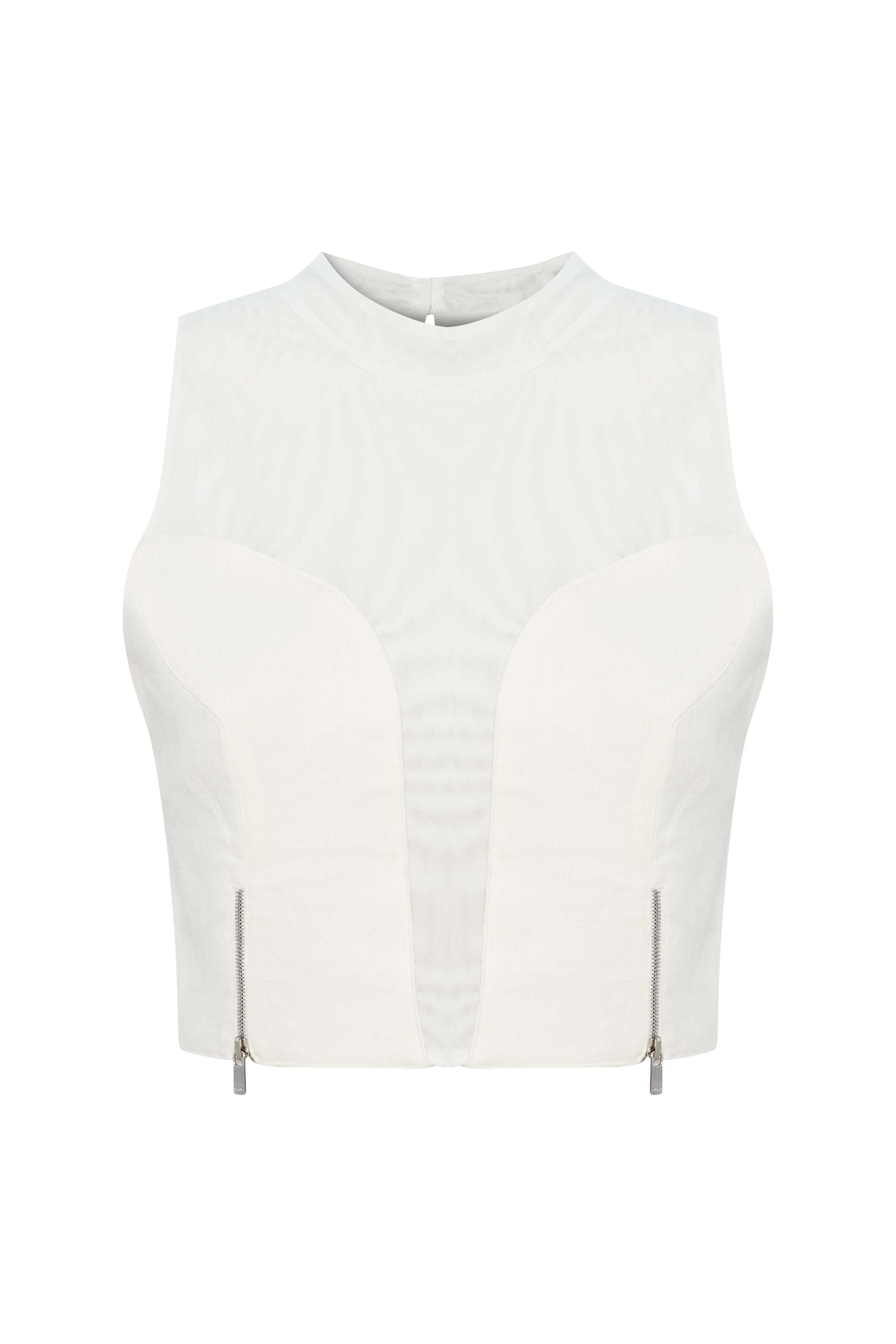JENDUE Serena Denim Linen Crop Top - White Sheer & Denim-1