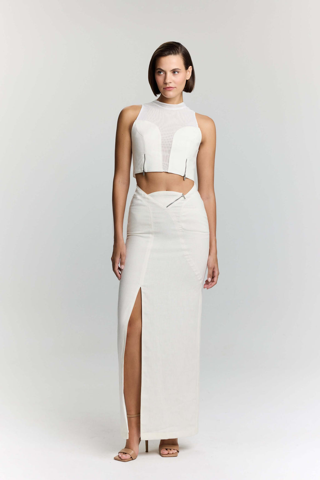 JENDUE Serena Denim Linen Skirt - White | Shop Maxi Skirts-2