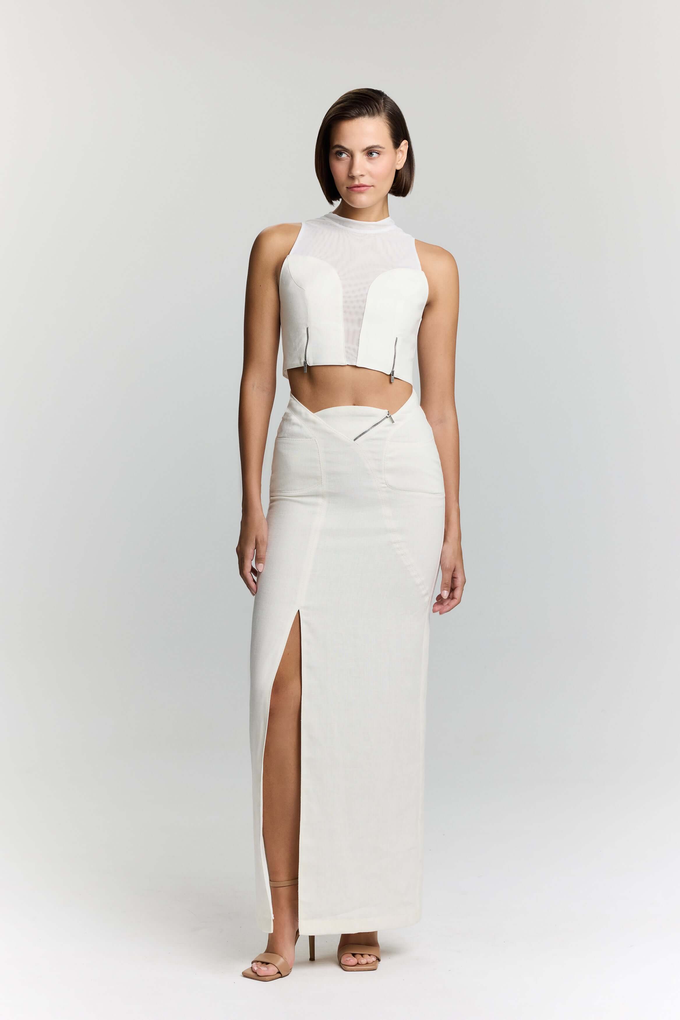 JENDUE Serena Denim Linen Skirt - White | Shop Maxi Skirts-2
