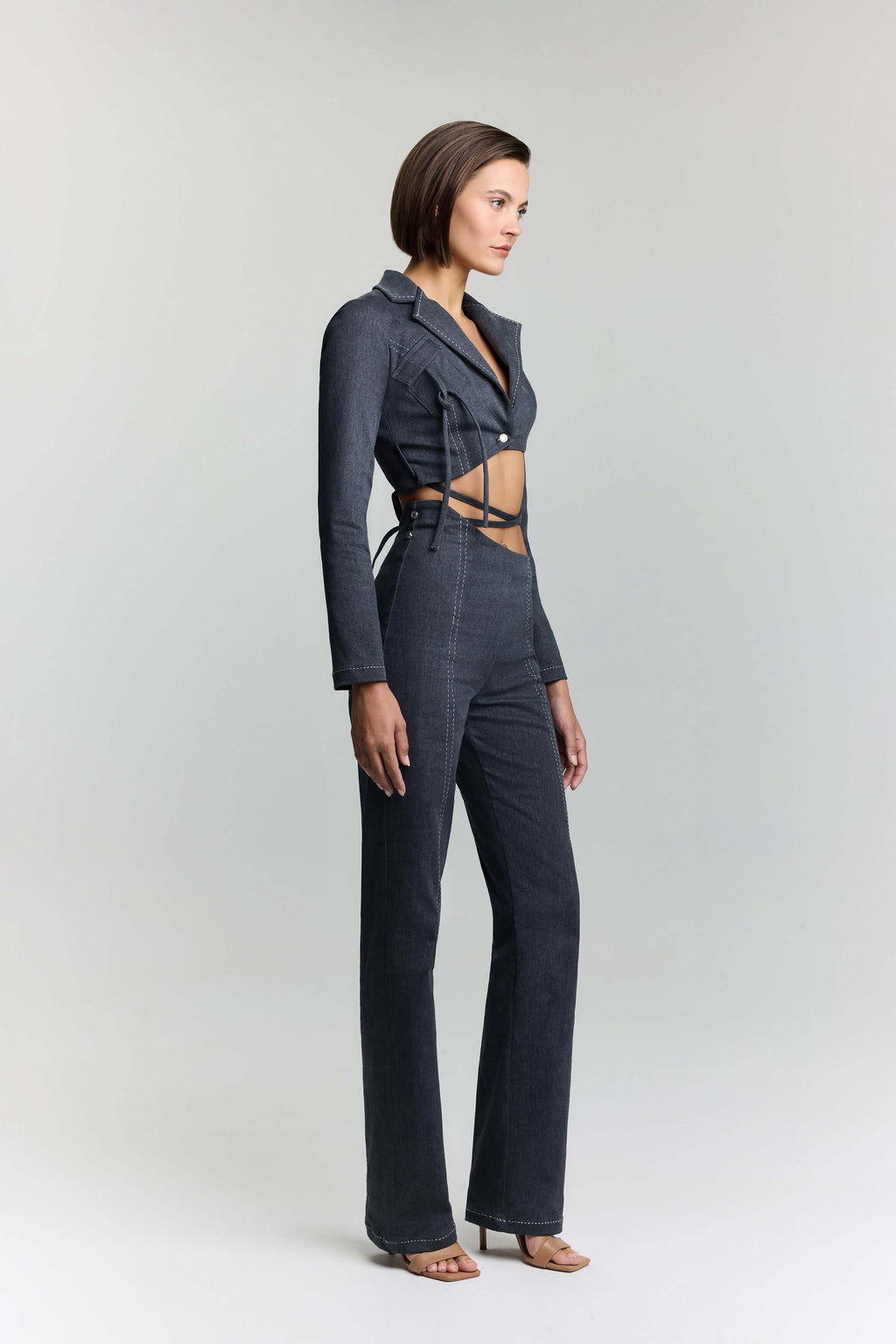 JENDUE Serendipity Denim Jacket - Cropped Lace-Up Style-3