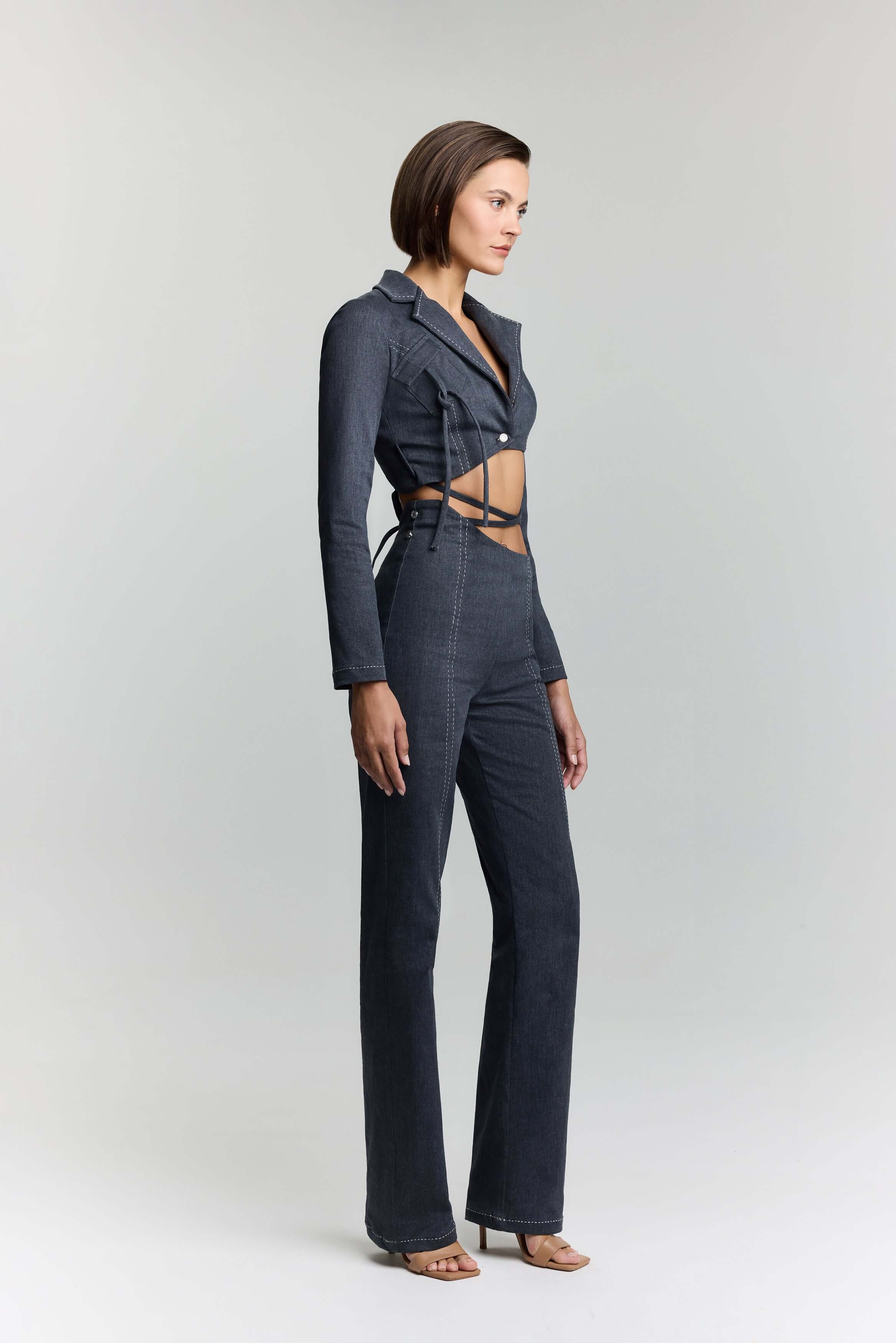 JENDUE Serendipity Denim Jacket - Cropped Lace-Up Style-3