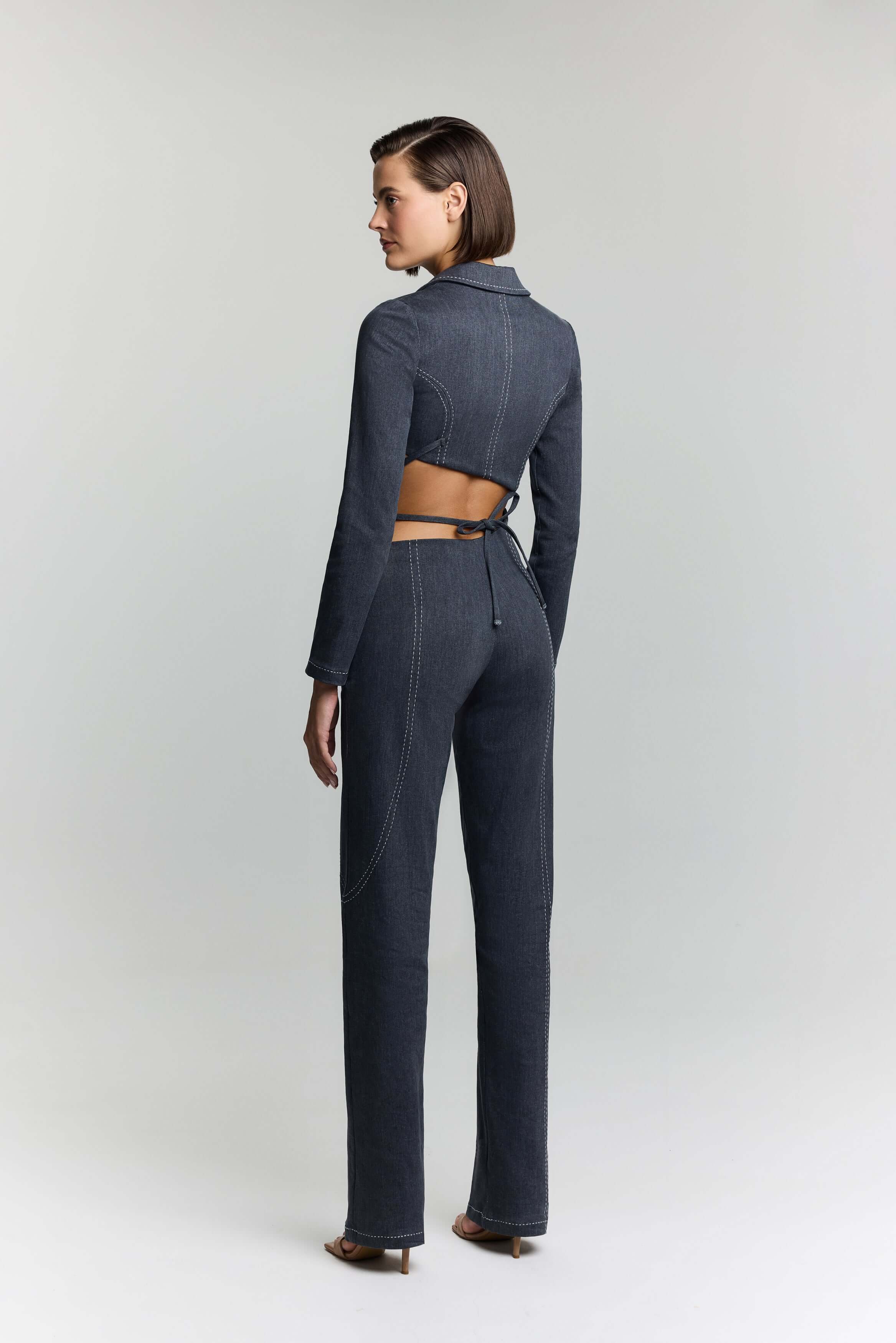 JENDUE Serendipity Denim Jacket - Cropped Lace-Up Style-4