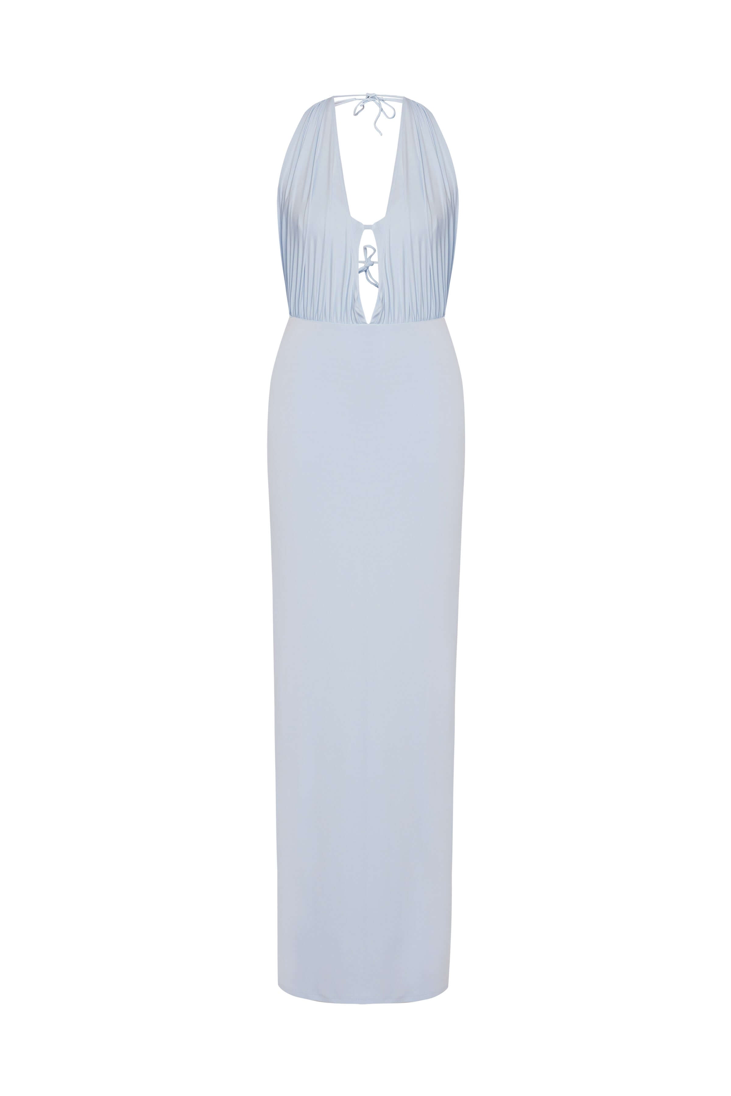 JENDUE Siena Denim Maxi Dress - Elegant Halter Neck Cut-Out-3
