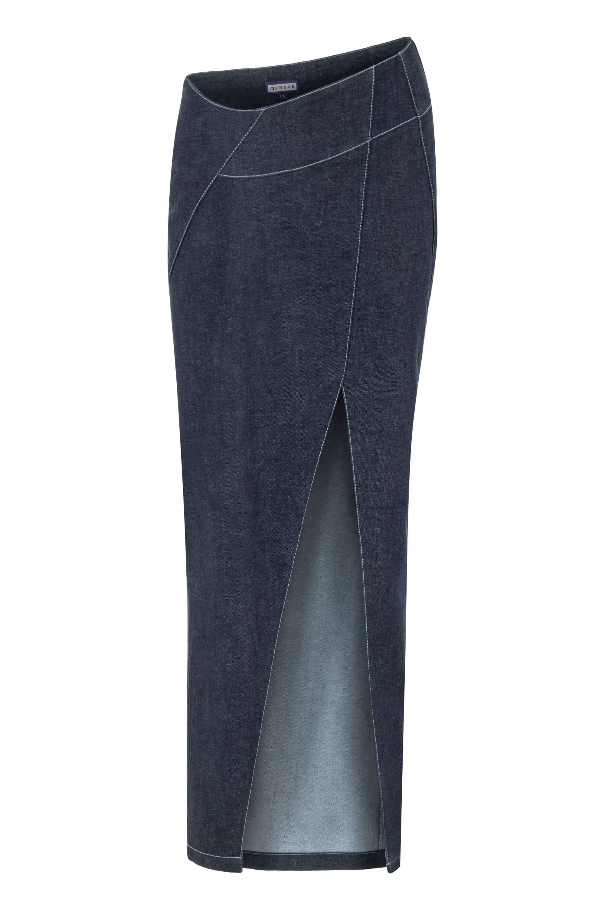 JENDUE Vonk Asymmetric Denim Skirt - Stylish High-Slit Midi-1