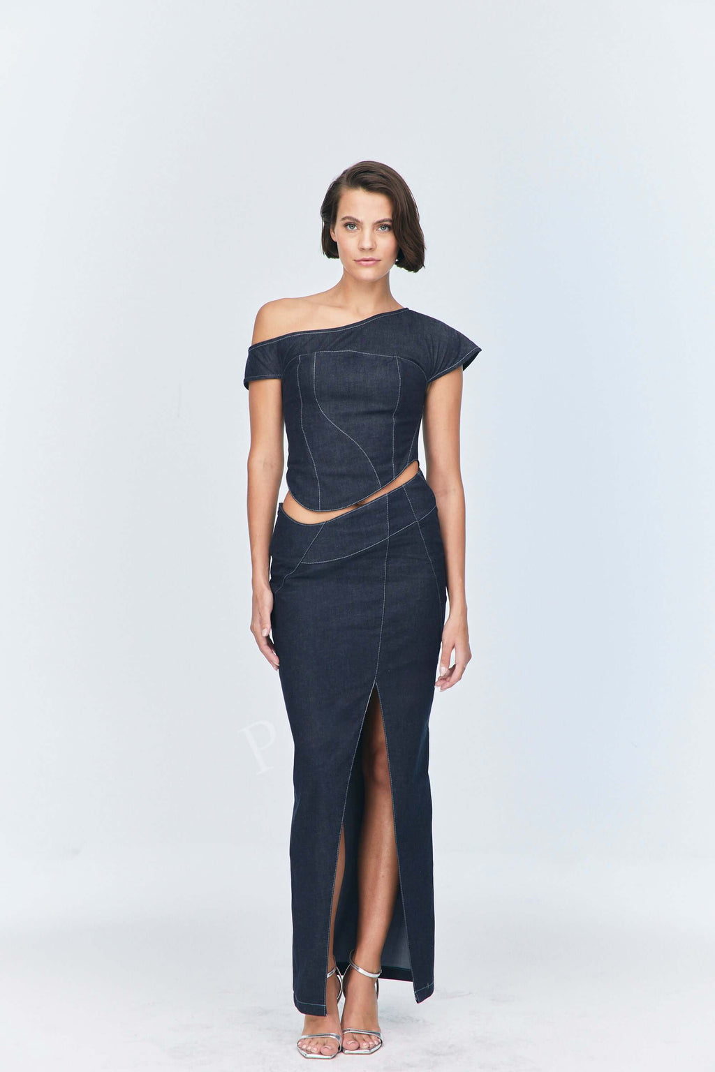 JENDUE Vonk Asymmetric Denim Skirt - Stylish High-Slit Midi-0