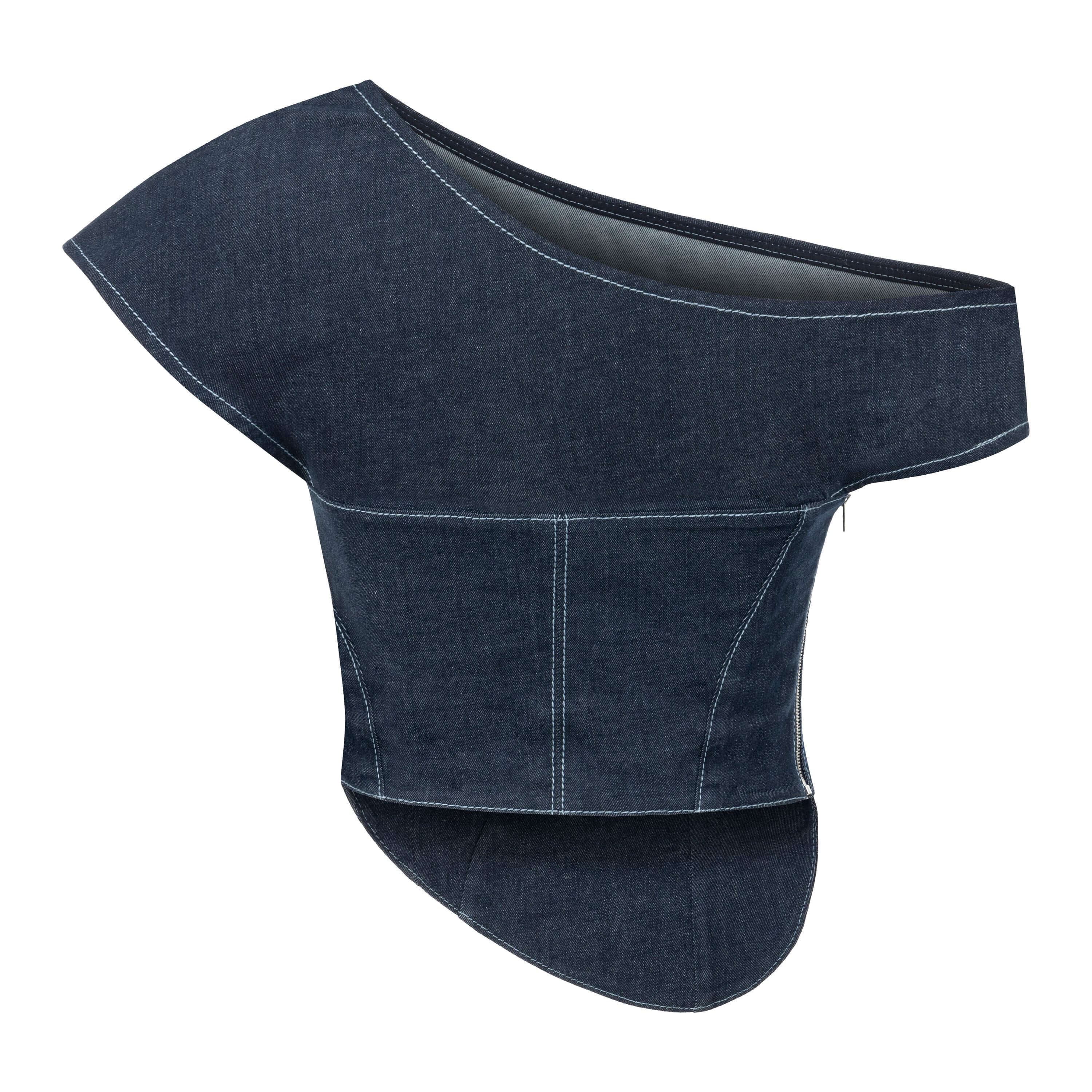 JENDUE Vonk Asymmetric Denim Top | Off-Shoulder Corset-1
