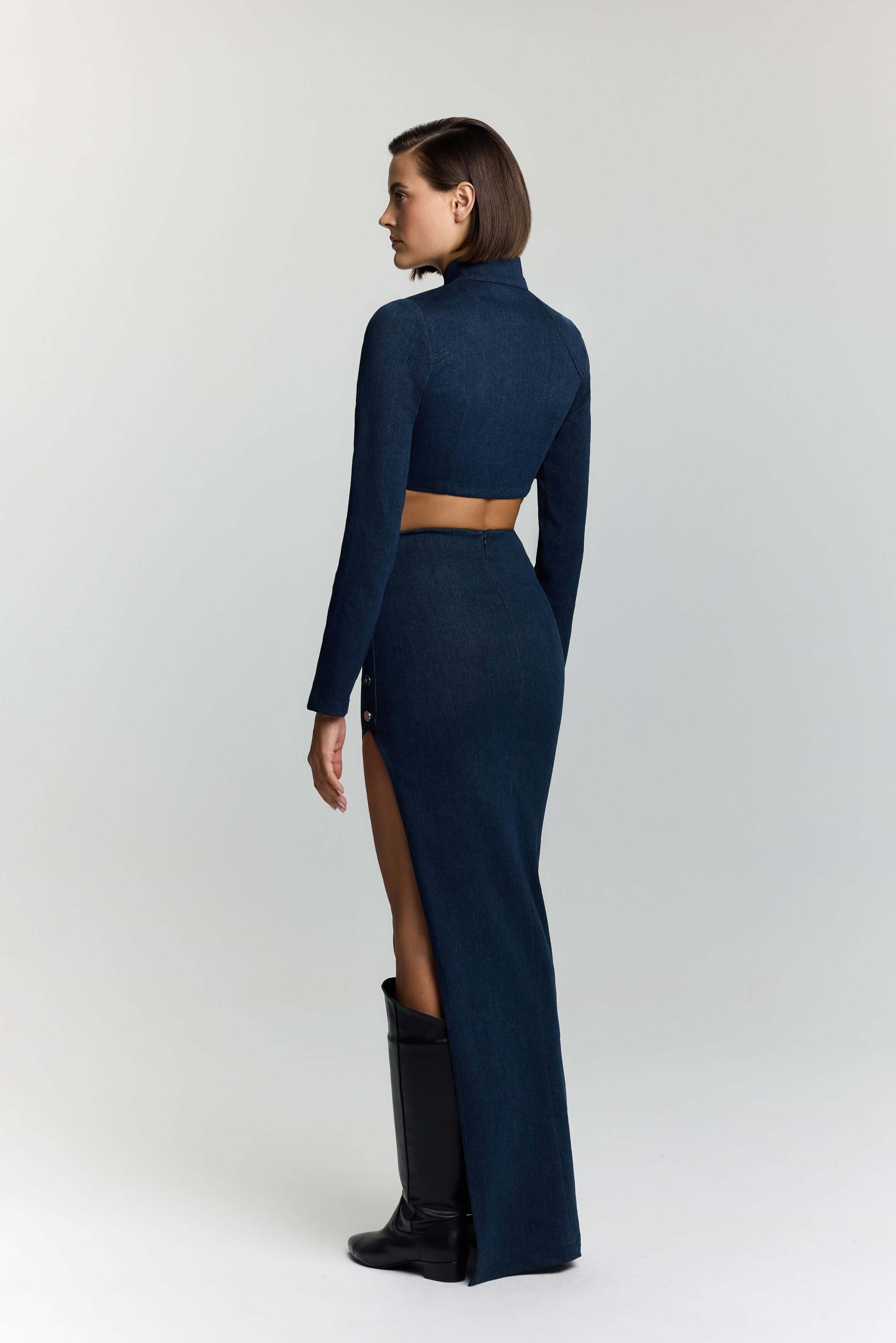 JENDUE Whispers Denim Skirt - High-Waisted Maxi with Slit-4