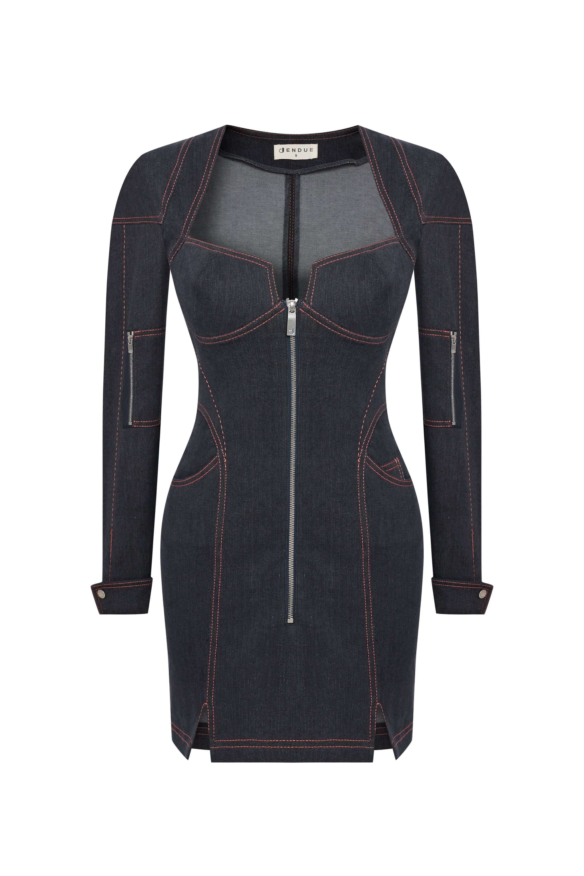 JENDUE Zeitgeist Denim Dress - Long Sleeve Jean Mini Dress-1