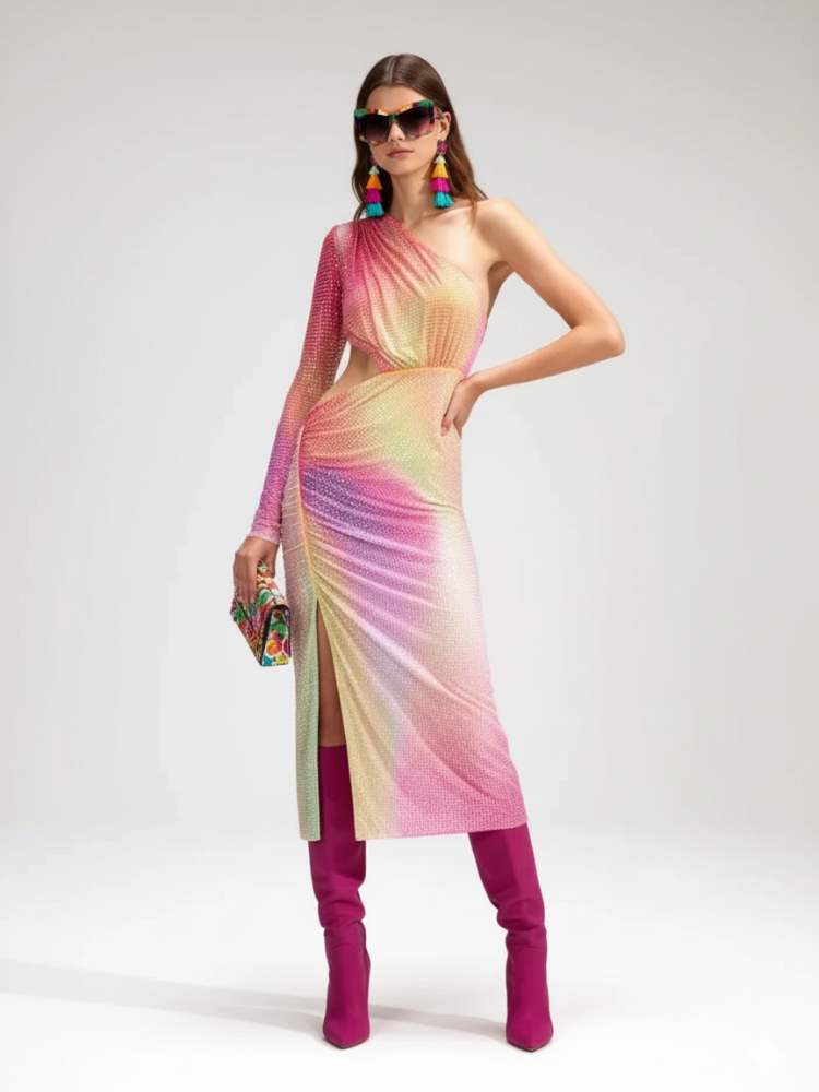 Elevate - One-Shoulder Slit Dress with Cinched Waist For Women, Upper East Side, BYMANYC New York.