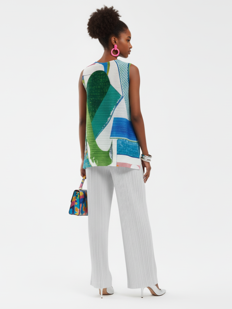 Pleated Printed Sleeveless Top, Coney Island | Women - BYMANYC ® New York-1