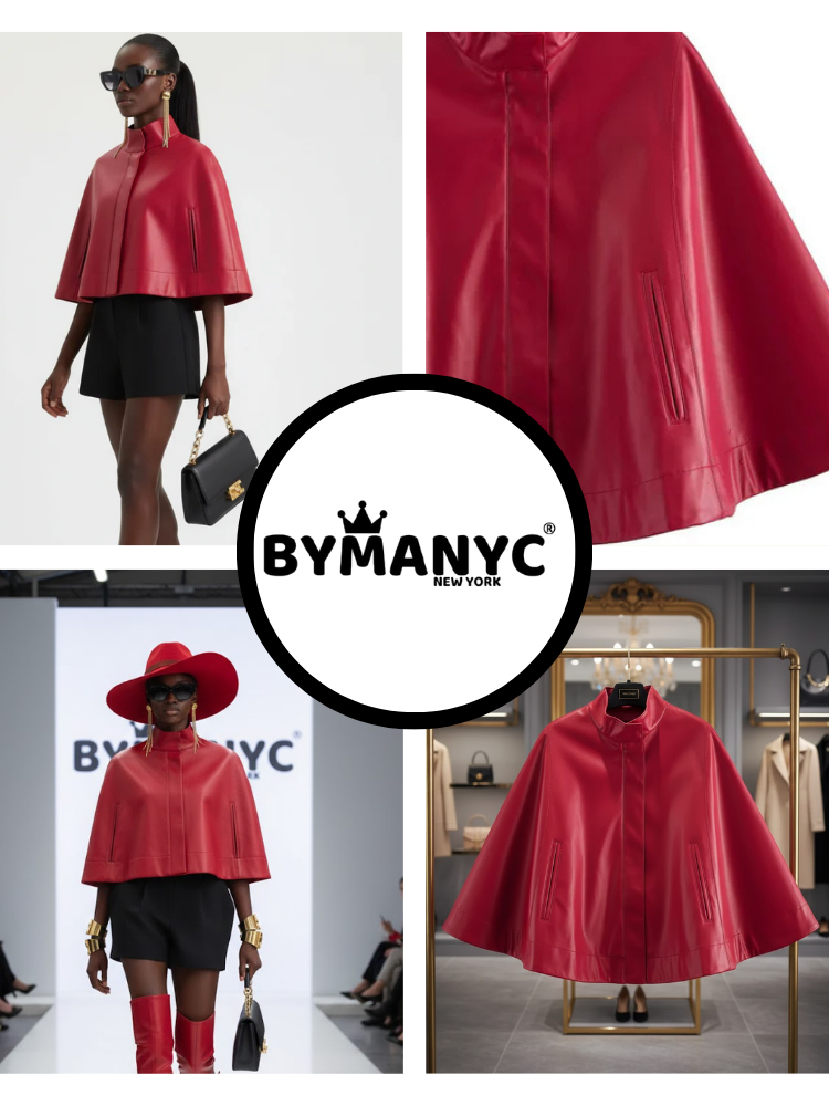 Red Leather-Style Short Cape Jacket For Women, Greenwich Village, BYMANYC New York.